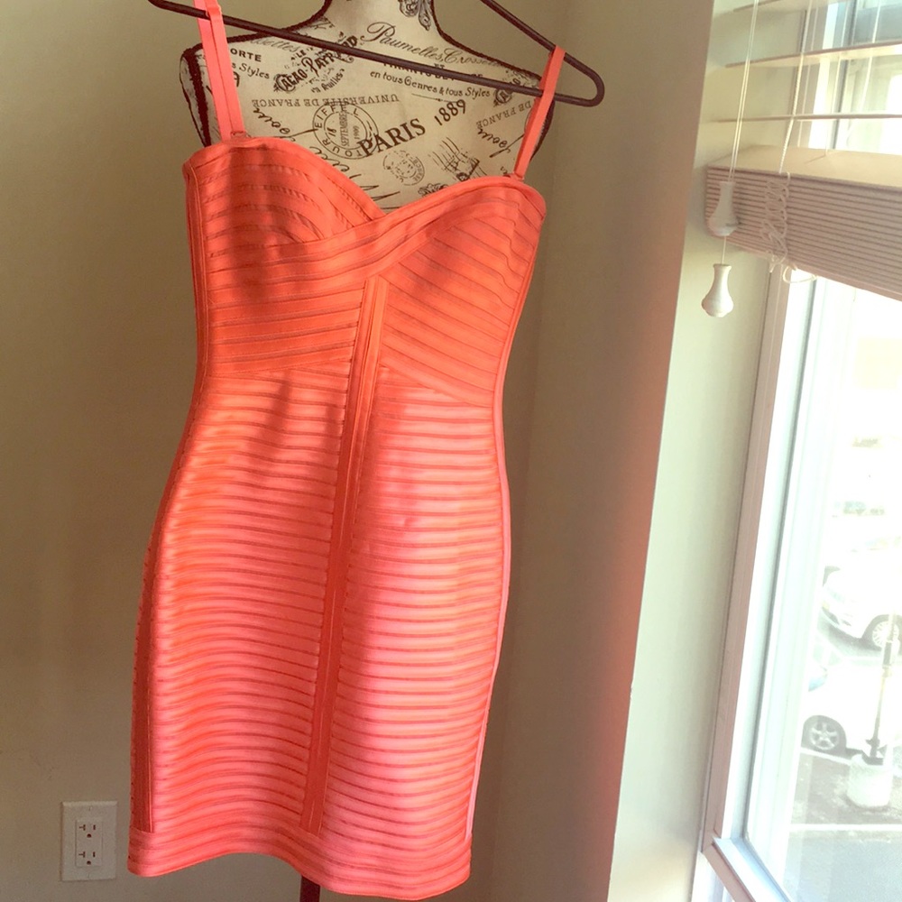 Orange peach neon cocktail dress bodycon BCBG
